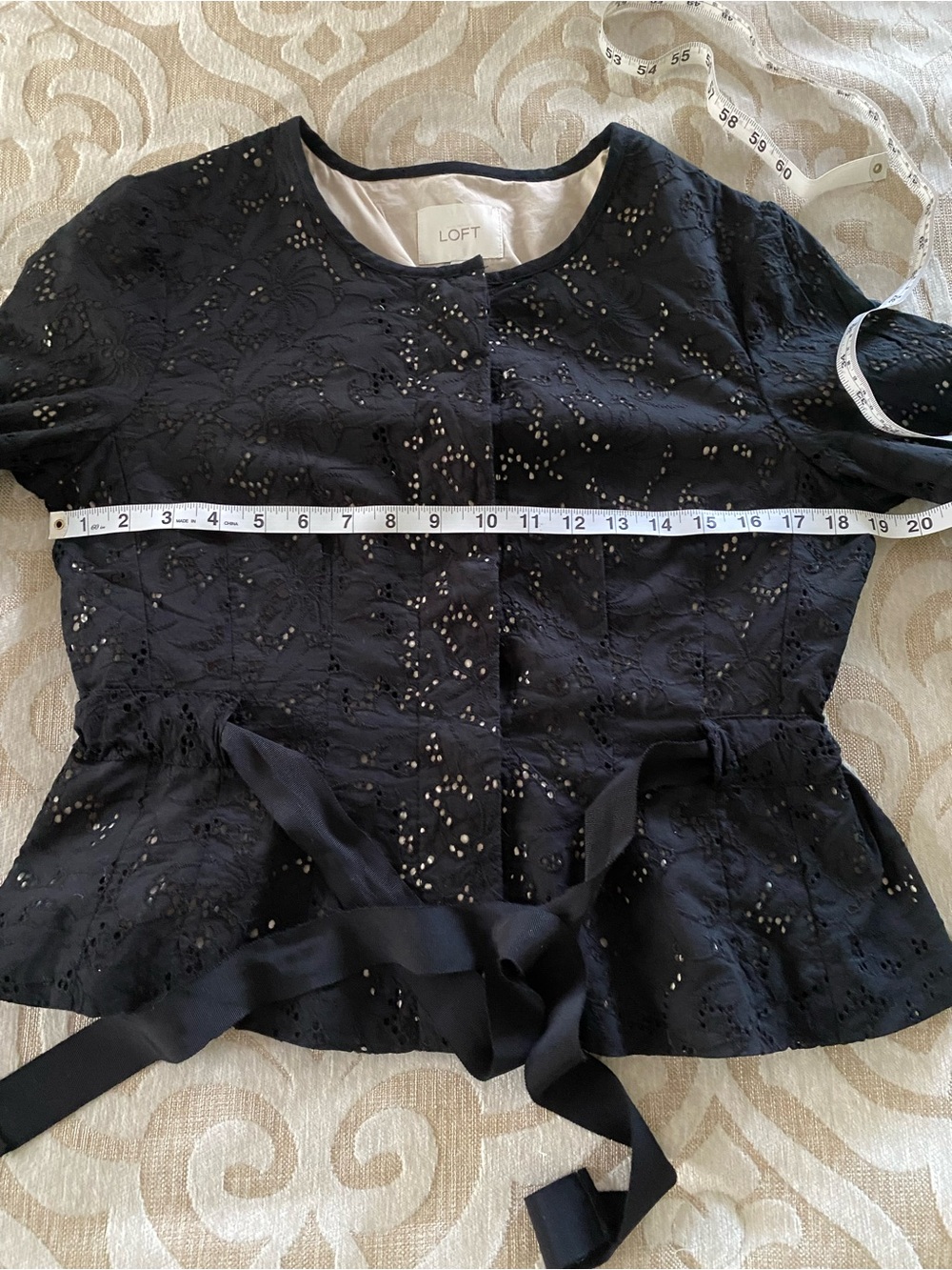 LOFT Eyelet Peplum Jacket Black Tie Waist Cotton Size 10 - Picture 7 of 14